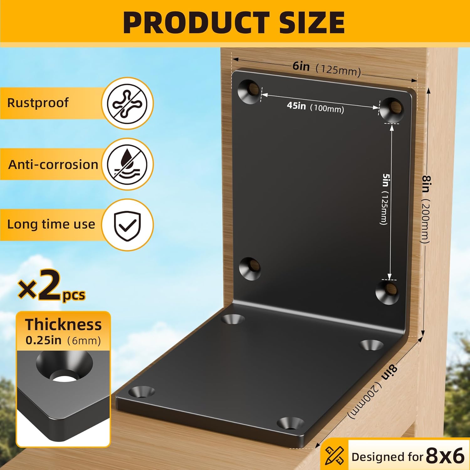 2 PCS 8"x8"x6" Heavy Duty Steel Corner L Brackets | 90 Degree Angle Bracket for Wood | 8x8 Post to Beam Connector Thickness 1/4"(6mm) | for Wood Shelves,Furniture | Max Load 300lbs