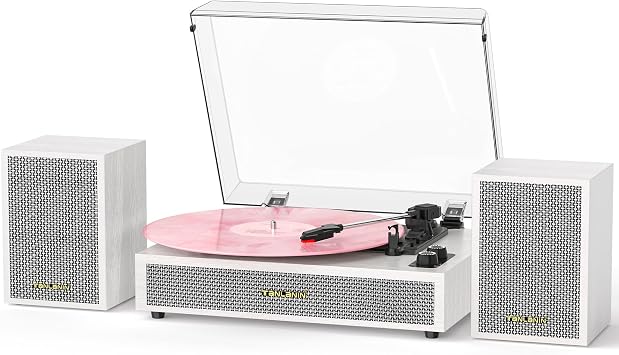 Vinyl Record Player with External Speakers, 3 Speed Vintage Belt Drive Turntable Record Player with Stereo Speakers RCA Audio Out and Aux-in, White Wood