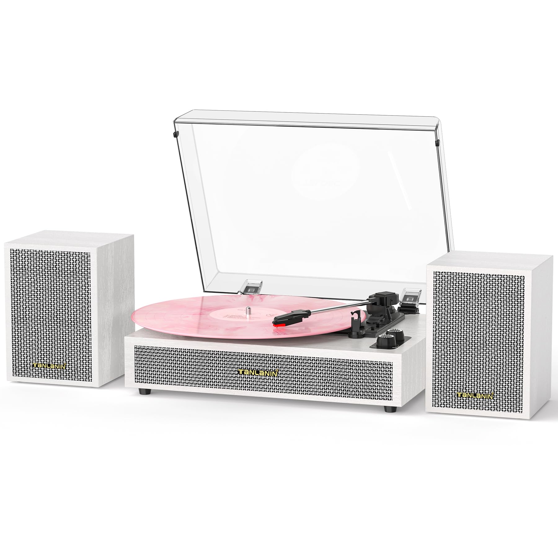 Vinyl Record Player with External Speakers, 3 Speed Vintage Belt Drive Turntable Record Player with Stereo Speakers RCA Audio Out and Aux-in, White