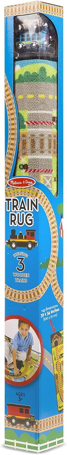 Melissa & Doug Round the Rails Train Rug With 3 Linking Wooden Train Cars (39 x 36 inches)