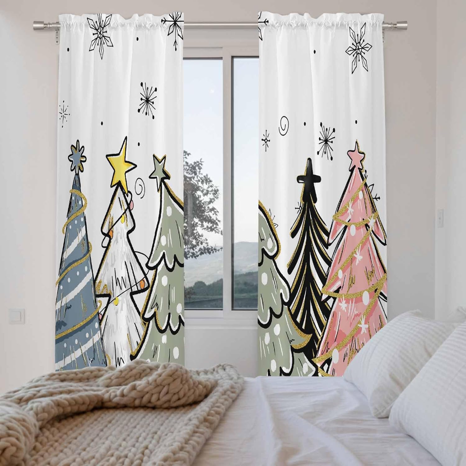 Christmas Tree Window Curtains 72 Inch Long 2 Panel Set, Rod Pocket Long Curtains & Drapes, Pink Green Blue Xmas Tree Snowflake Light Filtering Window Treatment for Bedroom Living Room 52"W x 72"L