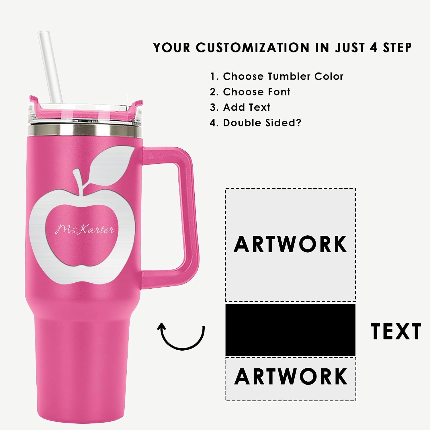Monogram Apple Name Personalized Laser Engraved 40 oz Large Tumbler with Handle, Straw and Lid, Teacher Gifts, Best Teacher Gifts from Student, Teacher Stainless Steel Insulated Cup