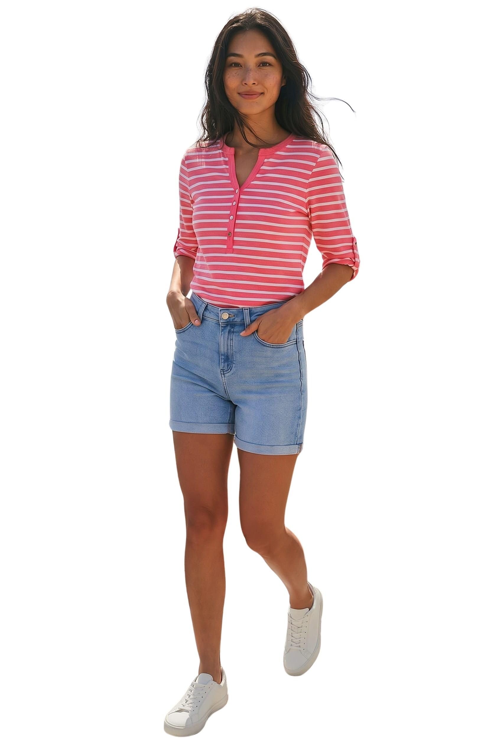 Roman Petite Stripe V-Neck Button Top for Women UK - Ladies Everyday Holiday Spring Summer V-Neckline Comfy Soft Evening Vacation Work Party - Pink - Size 12