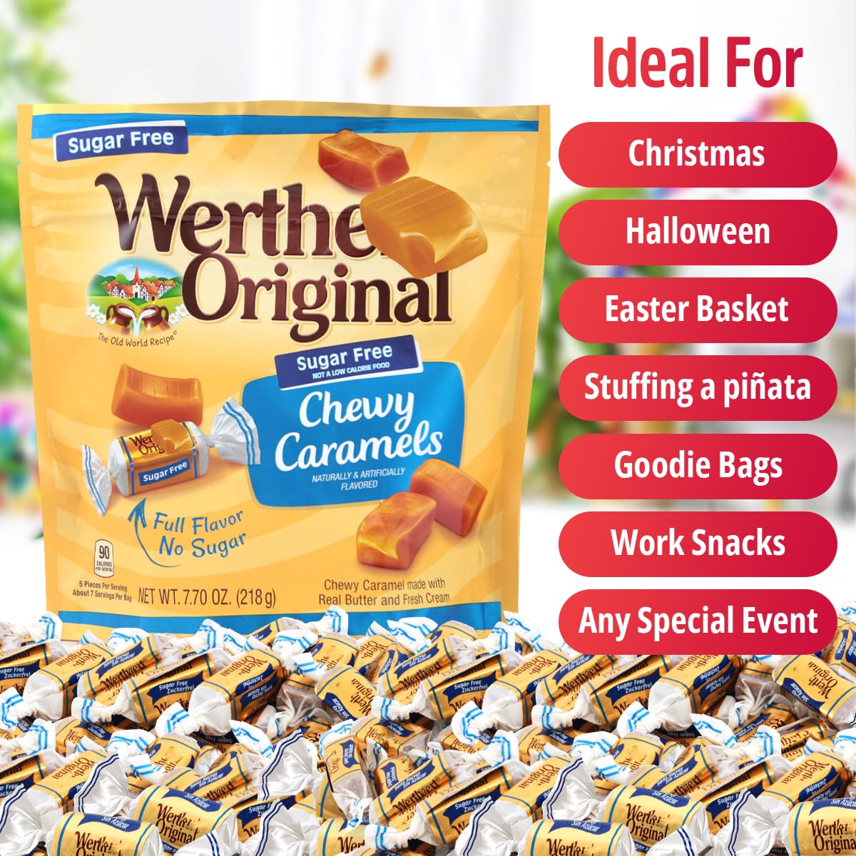 Werther's Original Chewy Caramel Candy, Individually Wrapped Werther's Chewy Caramels, Ideal Sugar Free Candy, Perfect Sugar Free Caramel for Chewy Candy Lovers. 2 Pack 7.7oz Each.