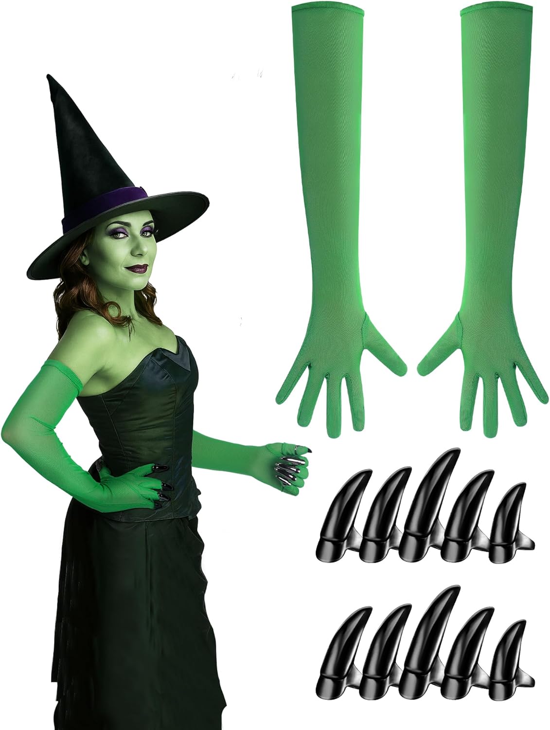 Mepase 12 Pcs Halloween Witch Costume Accessories for Women Green Long Gloves and Metal Nail Claws Set Green Witch Costume Gothic Cosplay Party