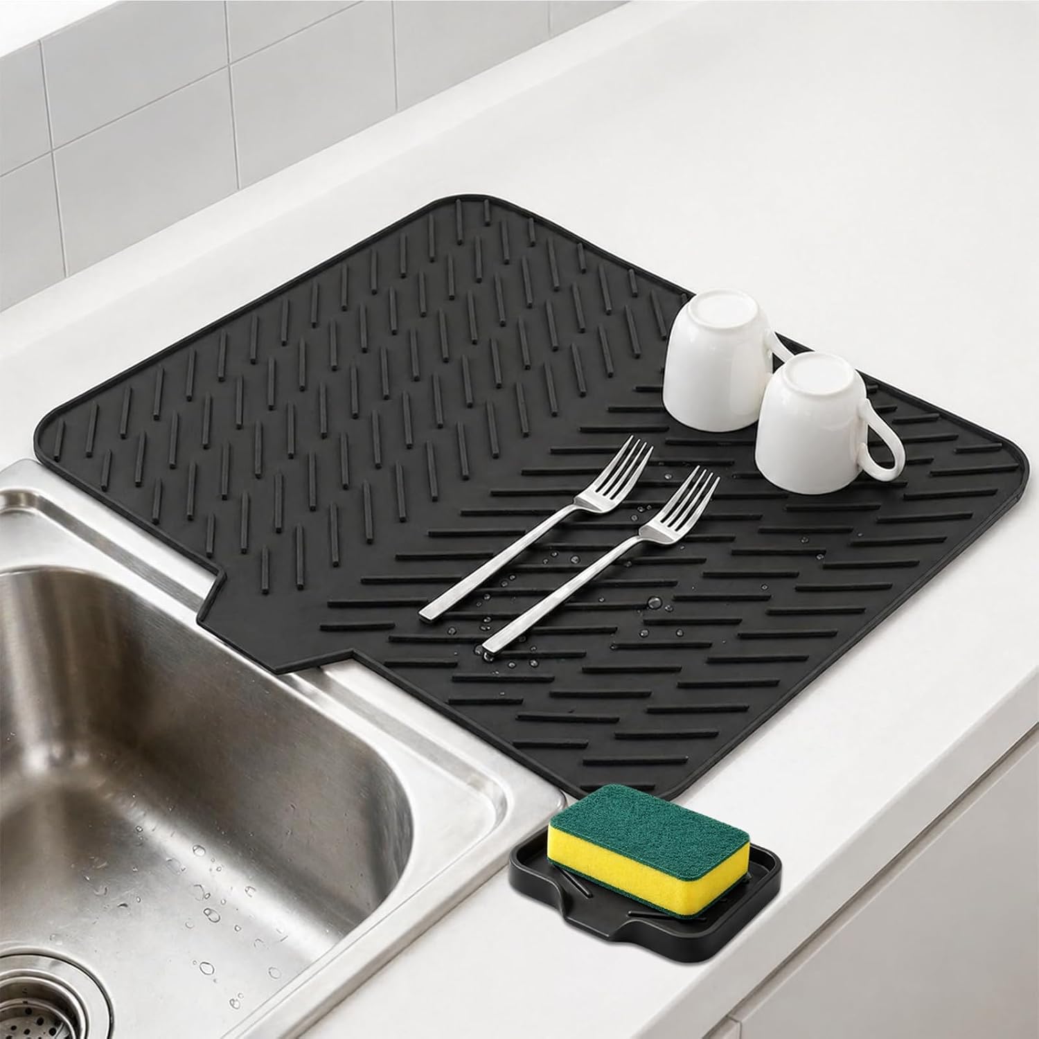 Silicone Dish Drying Mat – 23"x17" Large Sloped Sink Draining Tray