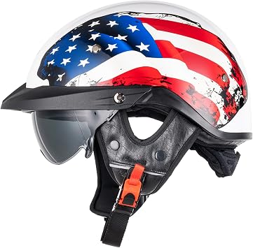 VCOROS Half Helmets Motorcycle VHF04 Open Face Sun Visor Quick Release Buckle Adjustable DOT Approved Cycling Retro Cruiser Pilot Helmets for Adults Men and Women Gloss USA Flag, S