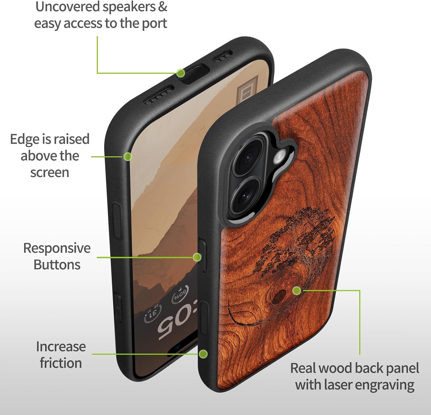 Carveit Magnetic Wooden Case for iPhone 16 Case, Wood Artisan Engraved & Black Soft TPU Shockproof Cover, Compatible with MagSafe Wireless Chargers (Yin Yang Bonsai Tree) Rosy