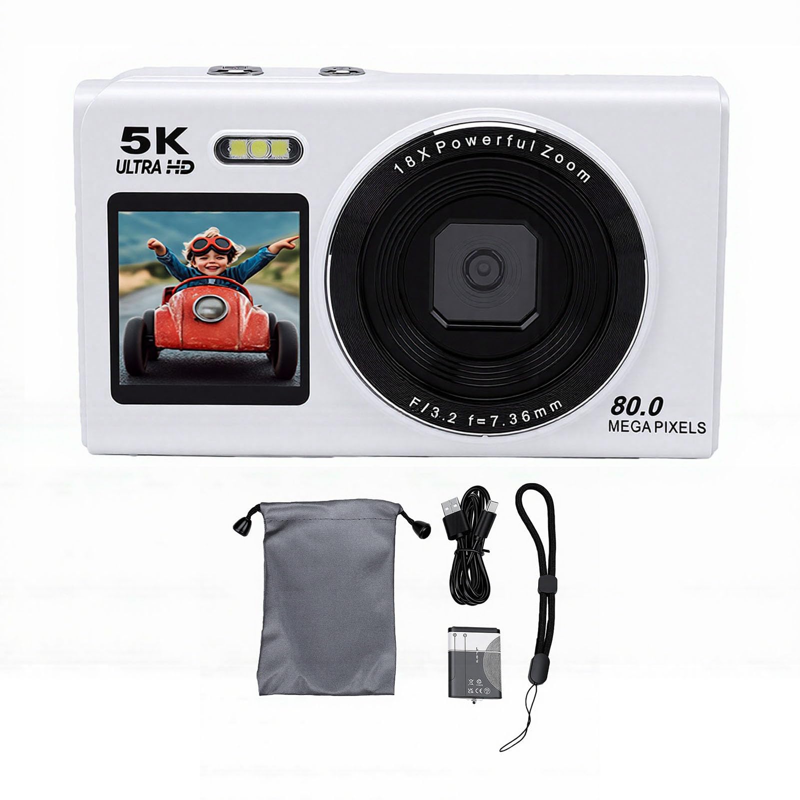 5k dual screen digital camera for photography, 1.5" front & 2.8" rear display, 18x digital zoom, optical stabilization, support 256gb memory card for content creation (white)
