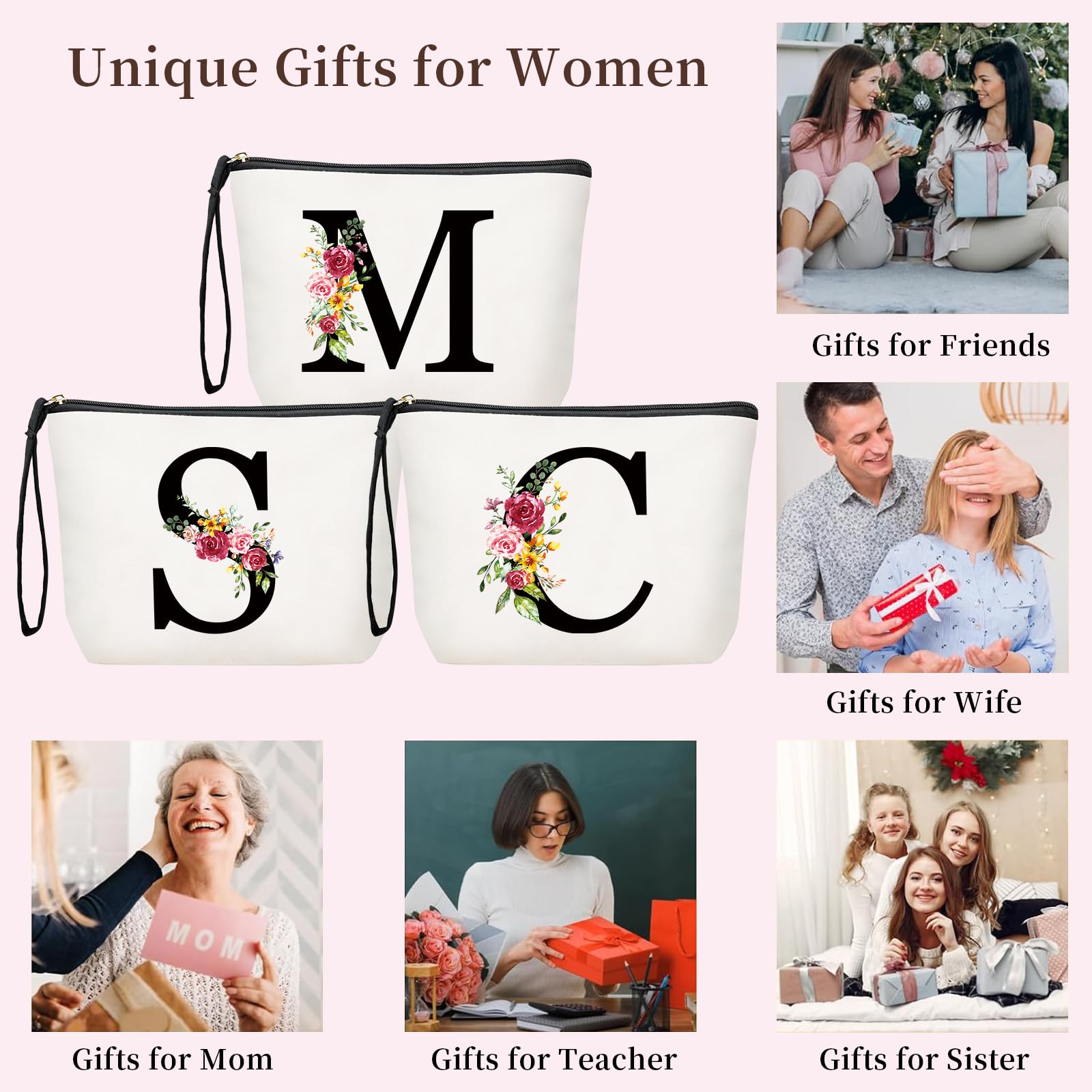 Grande Borsa per Cosmetici per donna Personalizzata Iniziale, Pochette Trucchi Viaggio, Trousse Trucchi Organizer Cosmetici, Regalo Compleanno Natale Ideale per Mamm Moglie Migliore Amic（M）