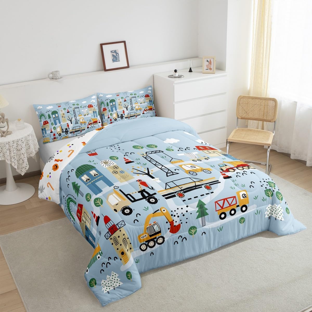 Erosebridal Boys Construction Queen Comforter Set 3-Pieces, Orange Red Cartoon Car Bedding Set for Kids Bedroom Decor, Excavator Tractor Machinery Trucks Down Comforter, Reversible, for All Seasons