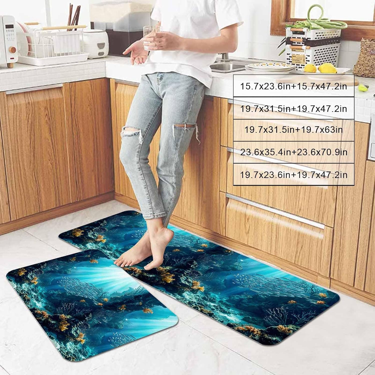 Prime Leader Natural Ocean Scenery Kitchen Mat Set 2 Pieces Underwater Blue Waves Fish Coral Stone Non Slip Kitchen Rugs Washable Runner Rug Mats for Sink Laundry (15.7" x 23.6"+15.7" x 47.2")