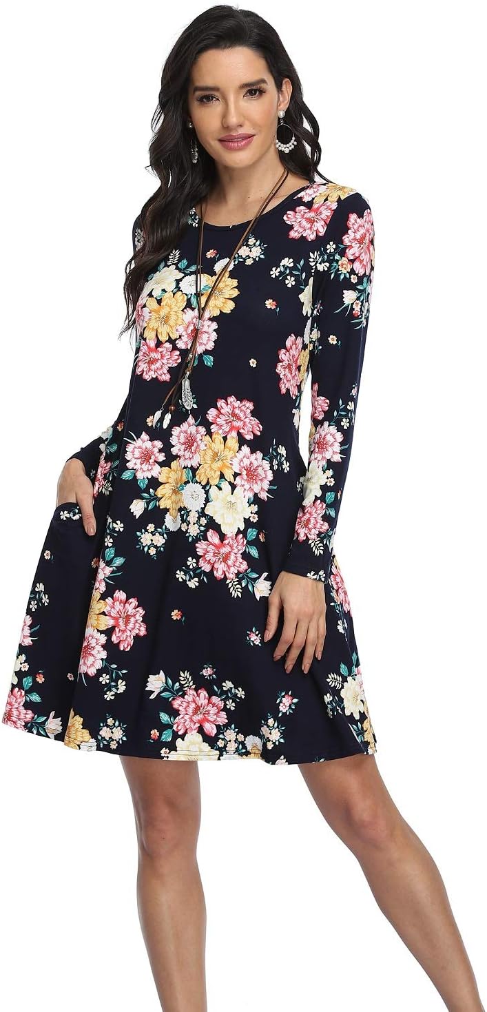 VintageClothing Women's Casual T Shirt Dresses Long Sleeve Loose Swing Dress with Pockets - Image 5