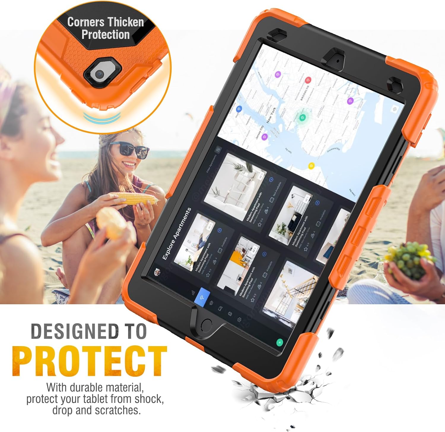 HXCASEAC Case for iPad 9th/8th/7th Generation 10.2 inch, with Pencil Holder, Screen Protector, Hand Strap, Heavy Duty Protective for iPad 9/8/7 Case 10.2-inch 2021/2020/2019, Orange