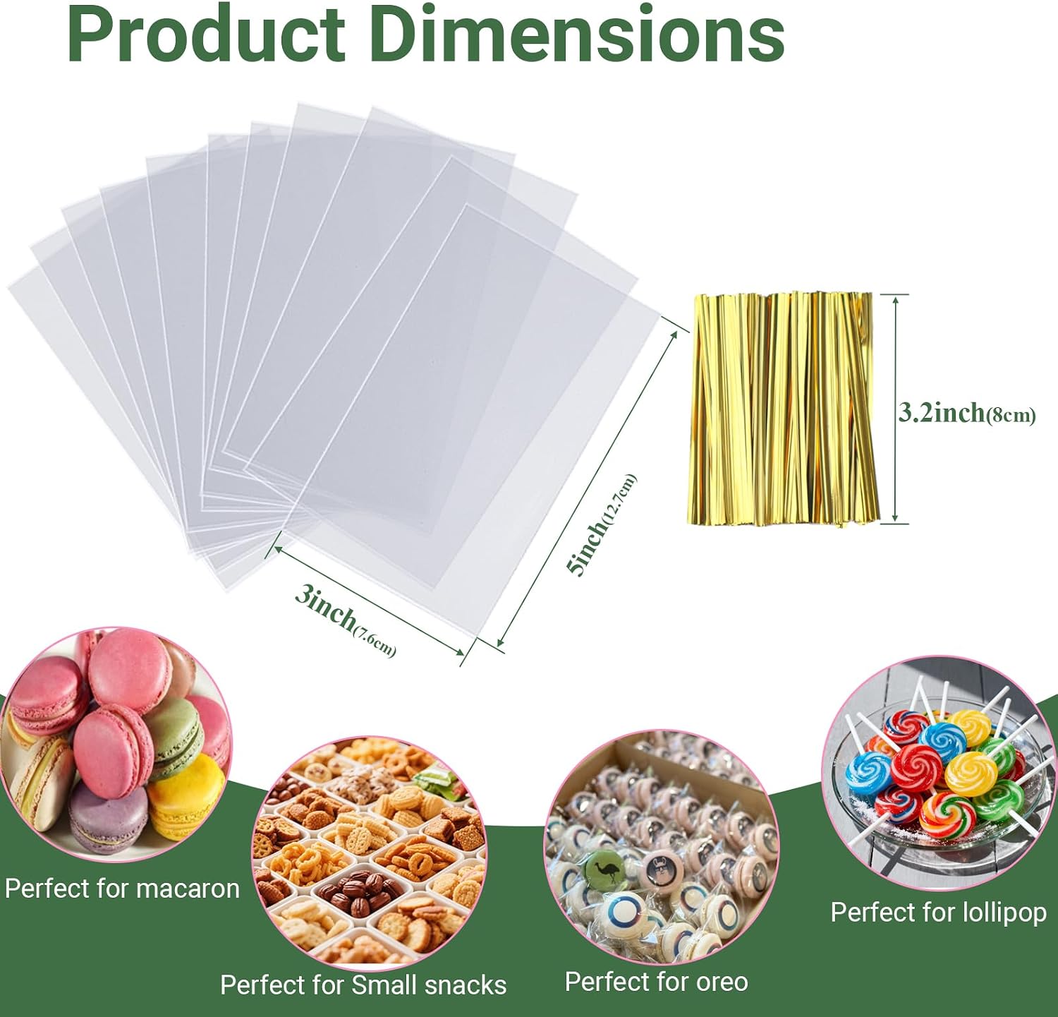 ROSPAKTEK 200 Pcs Cellophane Treat Bags 3x5 Inch with 200 Twist Ties - OPP Plastic Cake Pop Bags for Lollipop, Candy, Chocolate, Cookie Wrapping & Buffet image 4