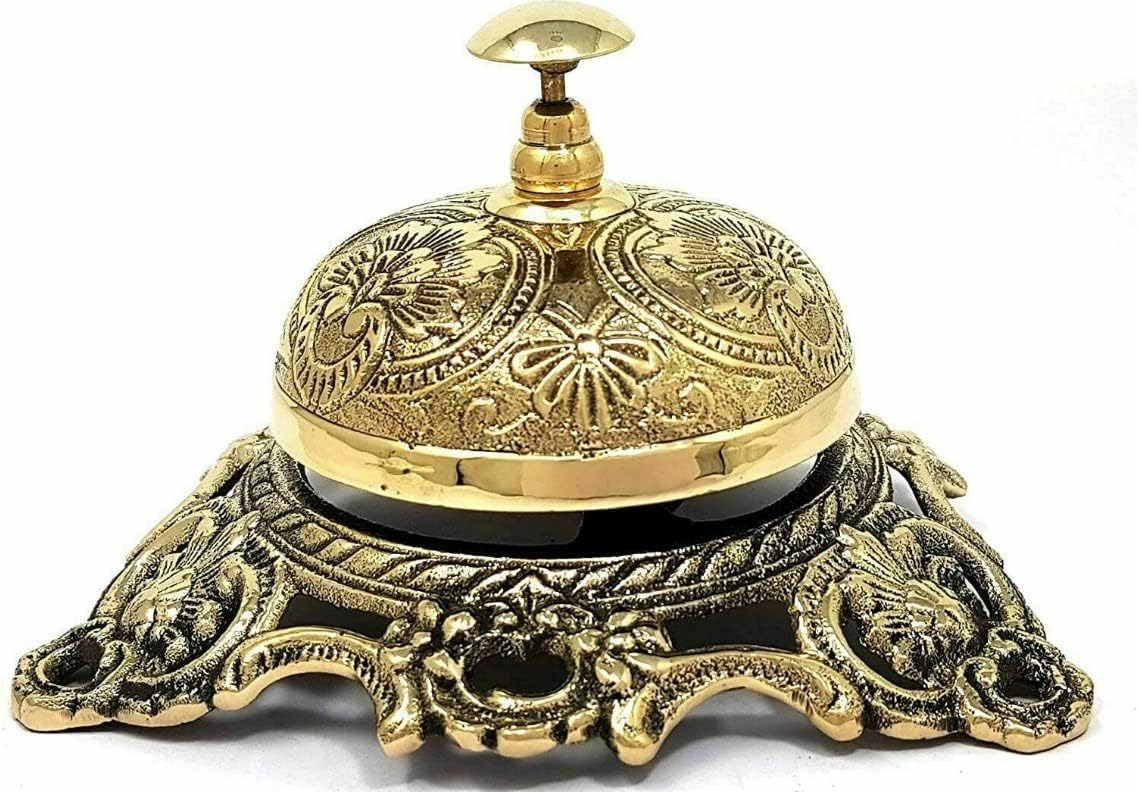Antique Brass Service Bell, Victorian Style Desk Bell with Ornate Base, Decorative Counter Bell for Hotels and Restaurants