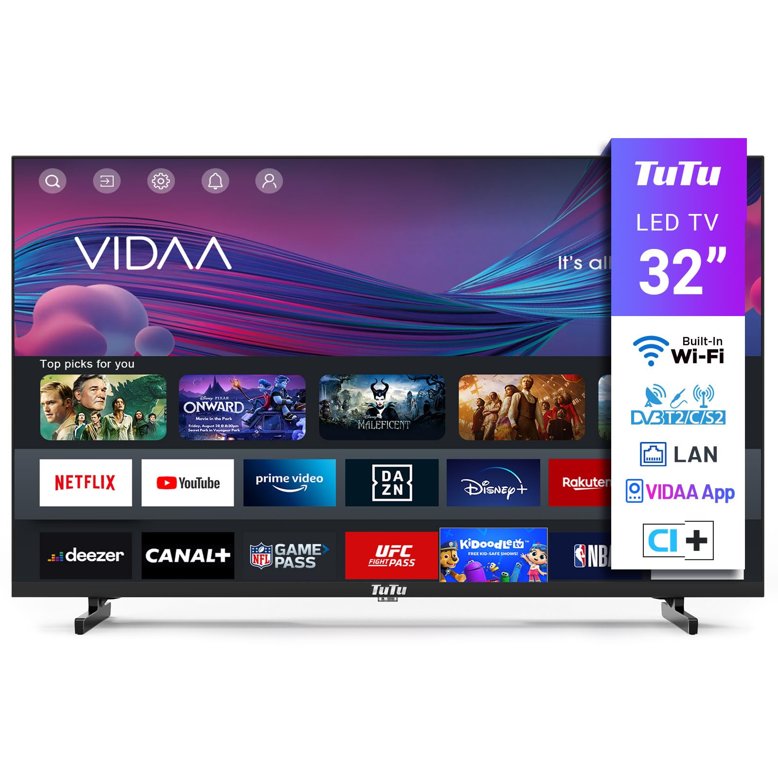 TuTu TUV32HQ1B Smart TV 32 Pollici (80 cm) Televisori con Wi-Fi, Triplo Tuner (DVB-T/T2, DVB-C, DVB-S/S2), App Store, HDMI, USB, Modalità hotel