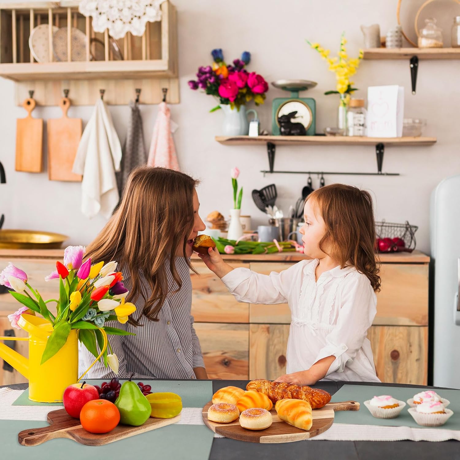 4 Pcs Wood Cutting Board with Handle Round Rectangle Serving Chopping Wooden Cheese Paddle Boards Set for Home Baking Fruits Vegetables Bread Charcuterie (Acacia)
