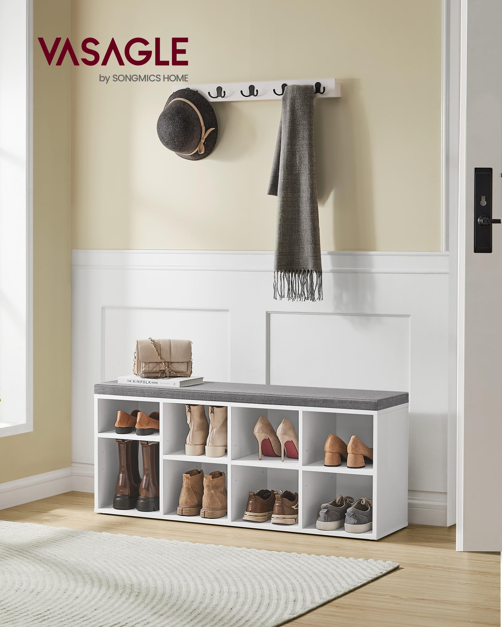 VASAGLE Banco Zapatero, Organizador Zapatero con 8 Compartimentos y 4 Estantes Ajustables, Asiento Acolchado, Compacto, para Entrada, Pasillo, Armario, Blanco Nube LHS238W14