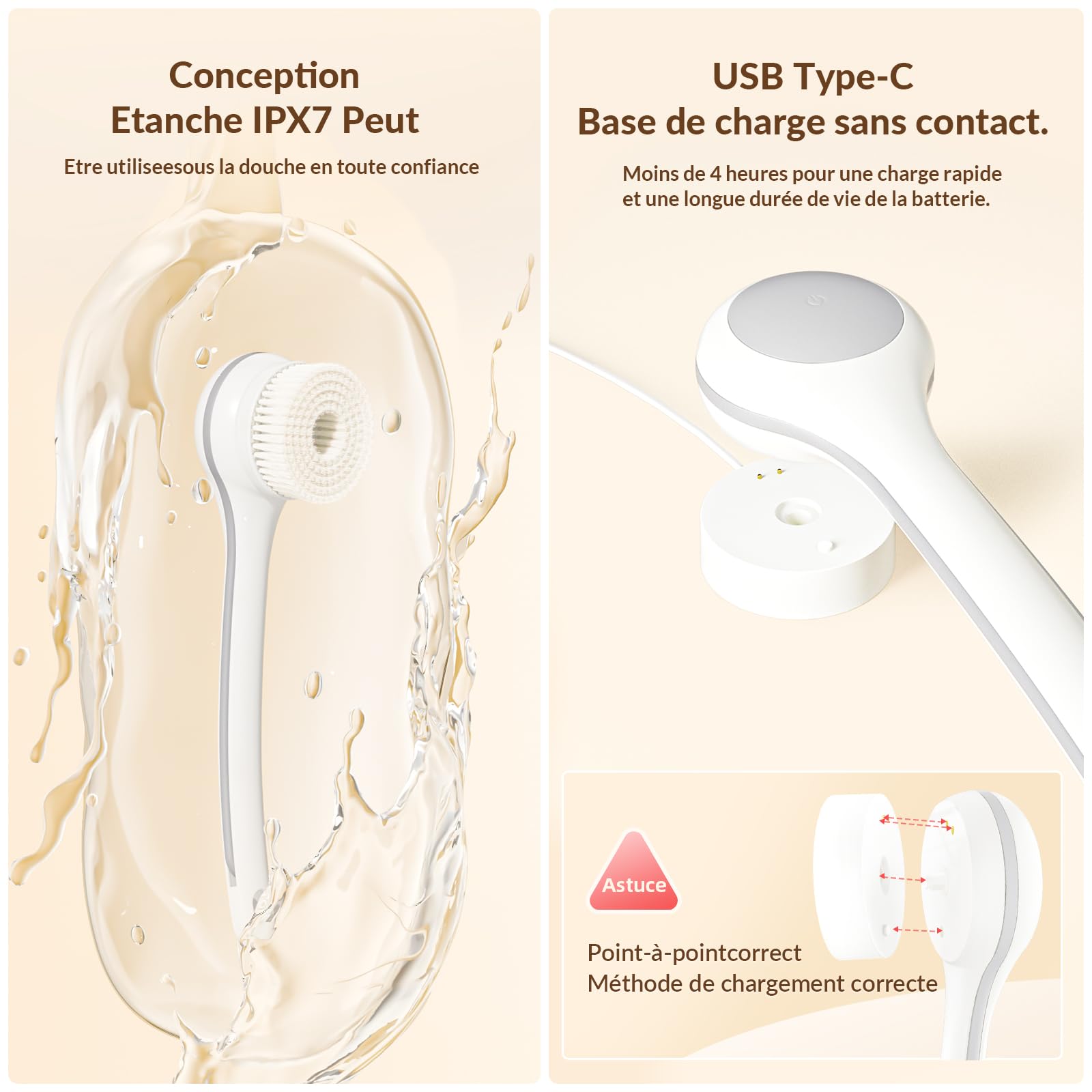 Brosse à récurer électrique pour le dos, brosse sèche, étanche IPX7, charge USB, longue poignée, applicateur de lotion pour le dos, hommes, femmes, jeunes personnes âgées – Blanc perle
