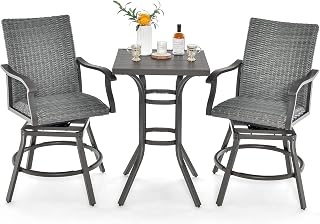 Tangkula 3 Pieces Swivel Bar Set, Aluminum Bar Height Furniture Set w/ 4D Air Fiber Cushion, PVC Rattan & 360° Swiveling Seat, Patio High Bistro Sets w/ 2 Barstools & 1 Square Bar Table