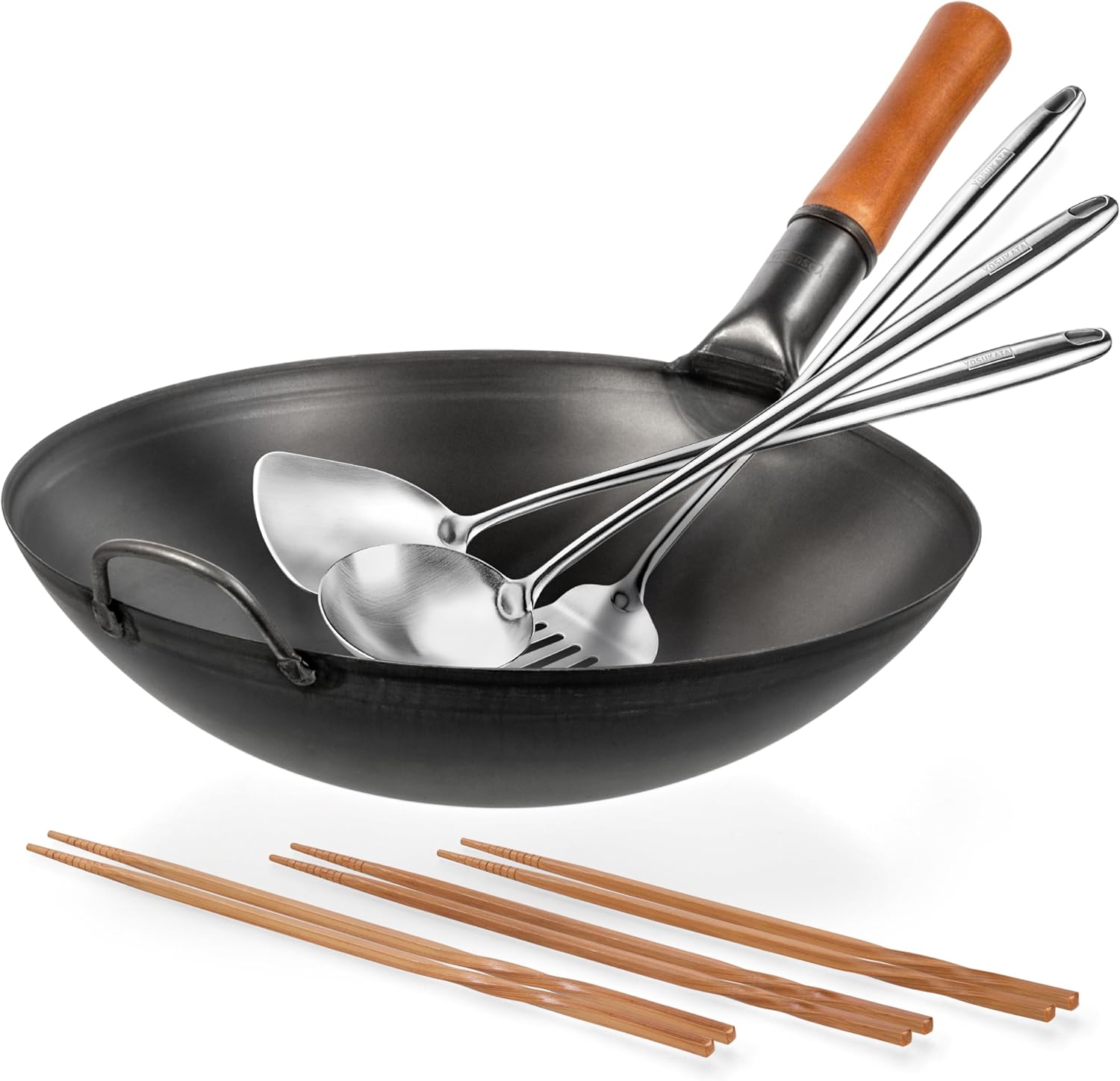 YOSUKATA Carbon Steel Wok Pan - 14 in + Reusable Natural Wooden Long Cooking Chopsticks Set of 3 pairs + 17" Wok Spatula and Ladle and Turner Spatula