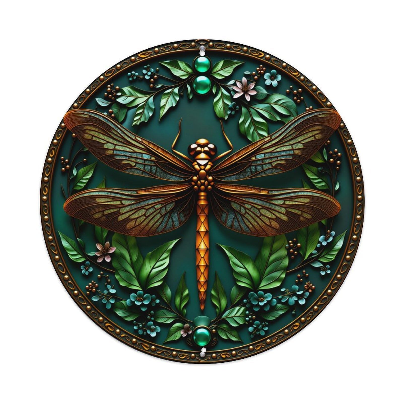 Wmlzdnwr Vintage Dragonfly And Floral Pattern In Circular Art Round Tin Sign,Retro Wall Art,Metal Poster For Home, Bar, Garage, Cafe, Rustic Indoor & Outdoor Decor, 8X8 Inches