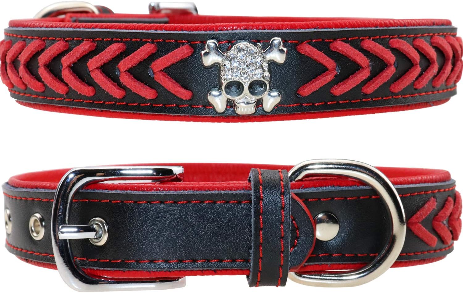 Vcalabashor Leather Dog Collar, Braided Dog Leather Collars Studded with Diamante Skull, Soft Padded Dog Collar,Red & Black Medium