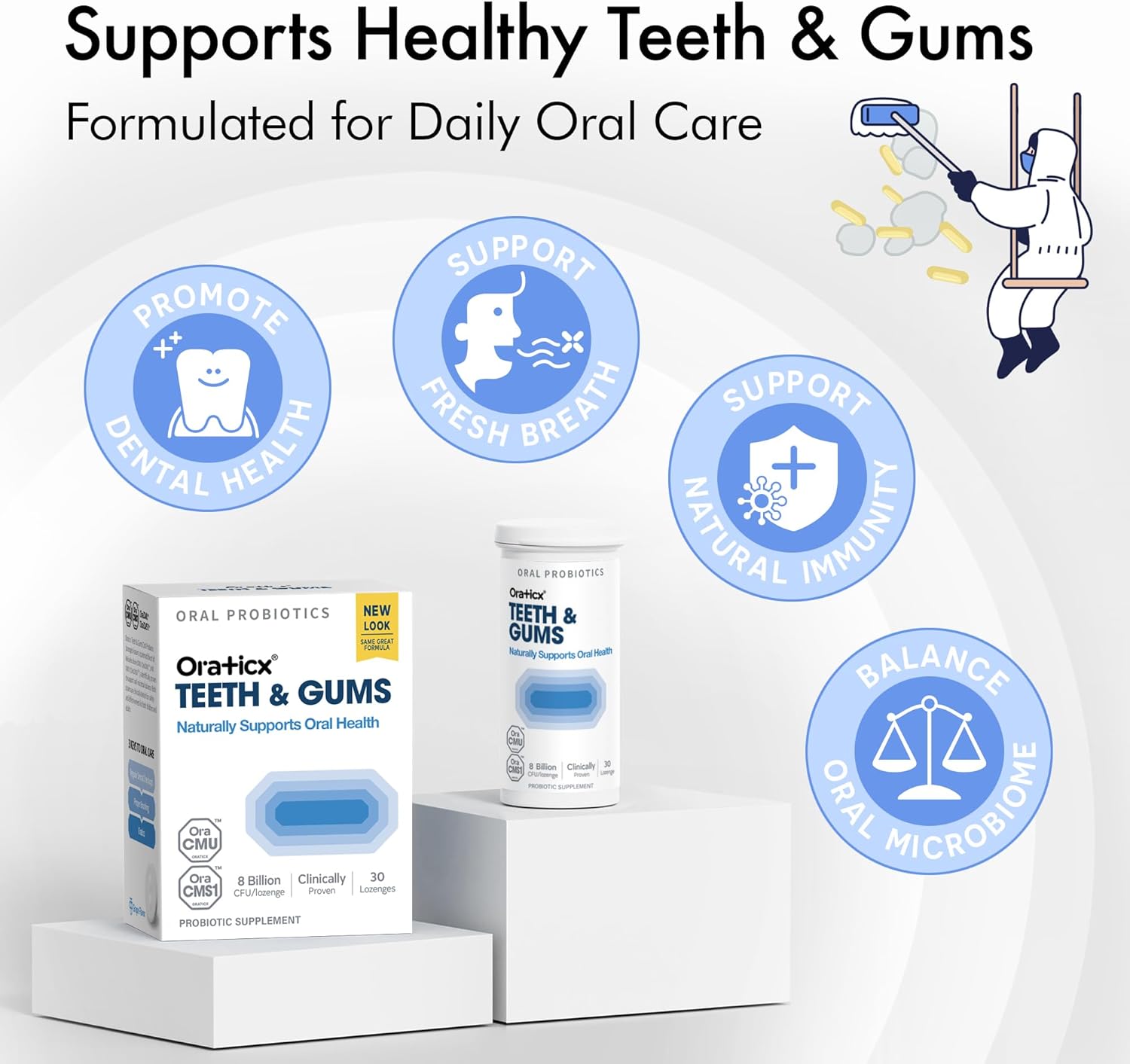 OraTicx Teeth & Gums Oral Probiotics, 8 Billion CFU - Naturally Supports Oral Health, Fresh Breath, and Immunity, Dental Probiotic Supplement, Grape Flavor 30 Lozenges 4-Pack