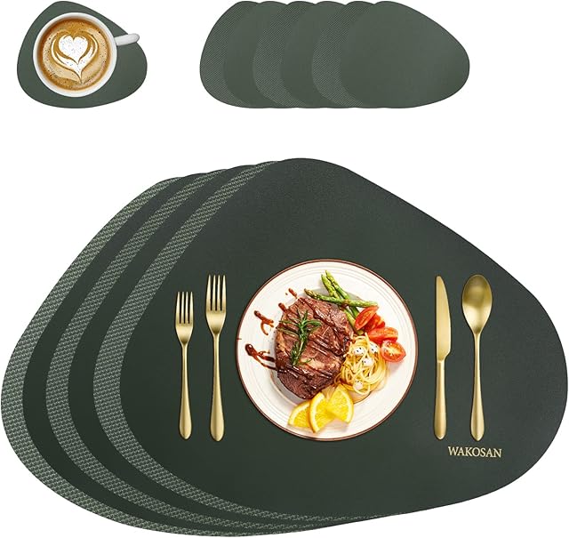 Leather Placemats and Coasters, Non-Slip Heat Resistant Placemats, Washable Table Decoration, Round Place Mats, Wipe Clean Place Mats for Kitchen Dining Table, Set of 6 (Green)