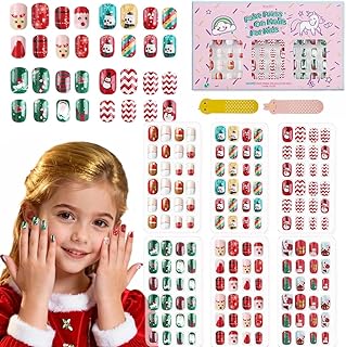 144Pcs Christmas Kids Press on Nails Children Girls Press on Short Artificial Fake Nails No fading Stable Cute Pre Glue Full Cover Acrylic Nail Tip Kit Gift for Kids Nail Decoration (Christmas)