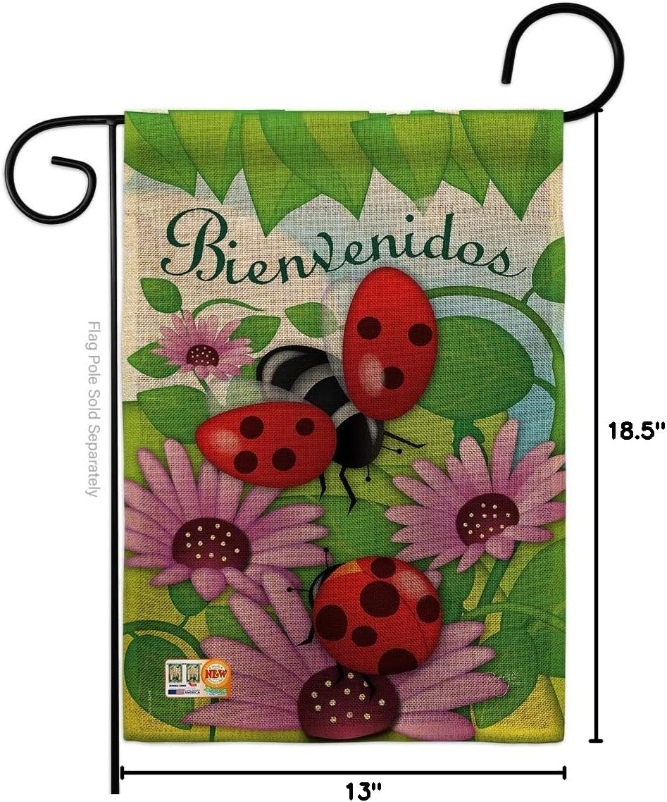 Bienvenidos Tortolitas Burlap Garden Flag Friends Butterfly Ladybugs Dragonfly Bee Springtime Insect Natural Wildlife Small Decorative Gift Yard House Banner Double-Sided Made In USA 13 X 18.5