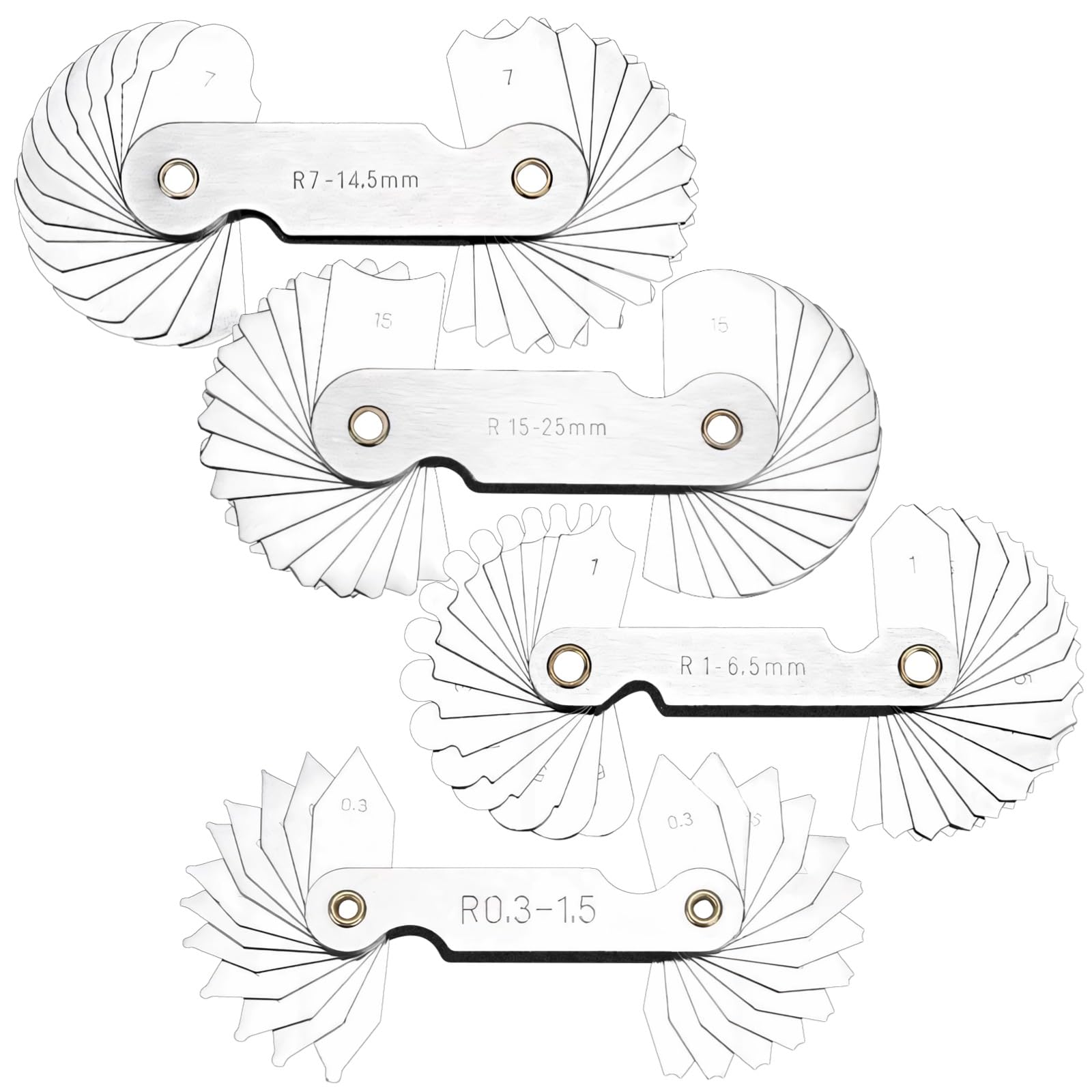 4 Stk. Radiuslehren-Set, 0,3 bis 25 mm Fasennaht-Radiuslehre, Material Edelstahl-Eisen 203, hochgenaues Messwerkzeug für Mechaniker und Handwerker, für Innen- und Außenradien