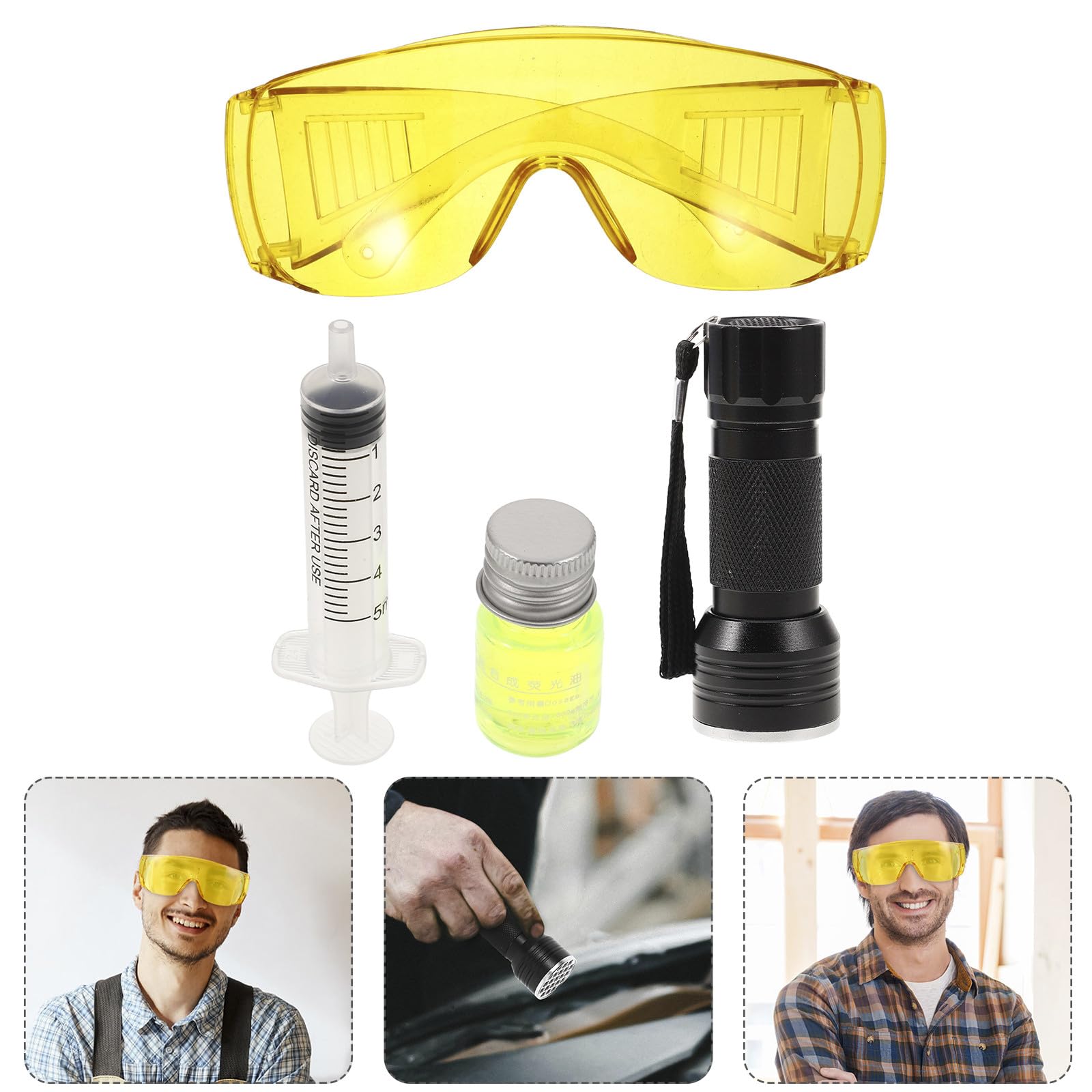 Lecksuchgerät für Kfz Klimaanlagen mit Kunststoff und Metall Einfach zu Bedienen Inklusive Fluoreszierendem Farbstoff und Schutzbrille für Reparaturarbeiten