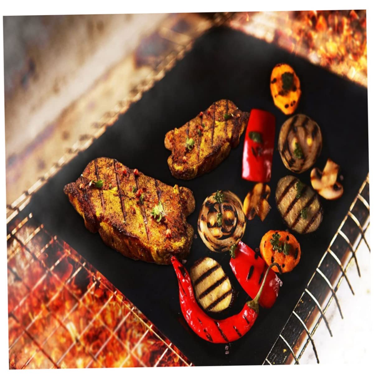 Holibanna 5Pcs Heat BBQ Grill Mat Non Stick Portable Outdoor Cooking Pad for Safe Grilling for Chicken Fish Veggies More Reusable Easy to Clean Black