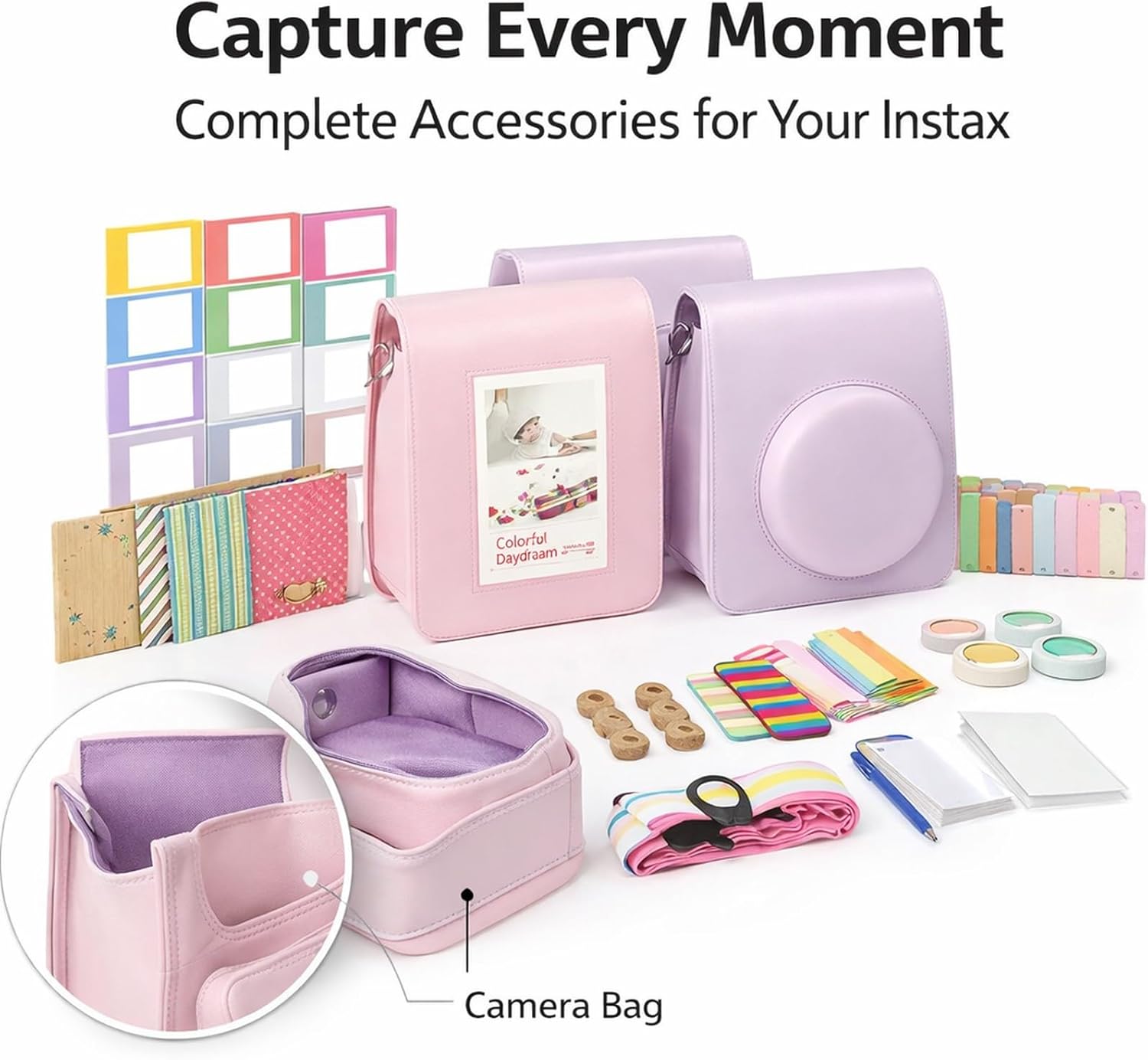 Instant Camera Accessories Bundle Kit Replacement for Mini 12, with Camera Bag, Strap, Photo Album, Clips, Frame, Stickers, and Pen - Protective PU Leather Bag, Decorative Photo (Pink)