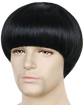 Short Black Bowl Cut Wig Men with Bangs Black Mushroom Wigs 60s Wig | +Hair Cap Mens Funny Wigs for Movie Halloween Cosplay Costume Party Christmas Pelucas para Hombres