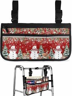 Christmas Walker Basket Accessories Snowman Poinsettia Wheelchair Bag with Cup Holder for Folding Walker-Water Resistant Home Decor Holly Berry Reindeer Xmas Tree Balls Red Seniors Tray Pouch