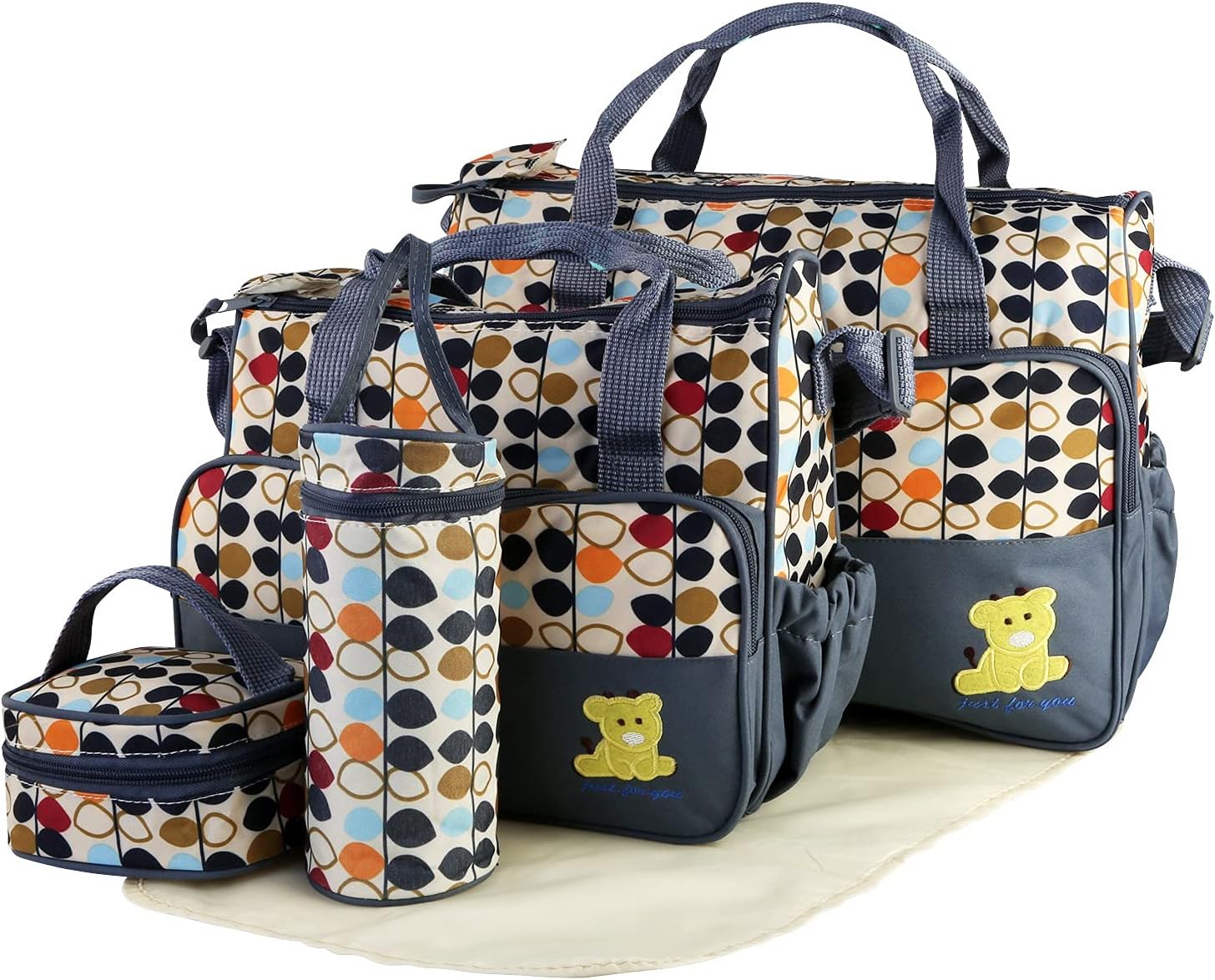 5-Pack Mummy Diaper Shoulder Bag Set w/Changing Pad – Large Water-Resistant Nappy Bag with Insulated Pockets