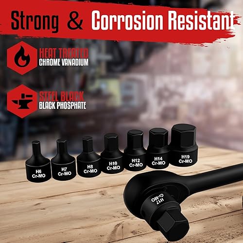 Miniatura 6 de WETT Juego de destornilladores hexagonales de impacto de perfil bajo de 38 pulgadas, juego de llaves hexagonales rechonchas, acero Cr-Mo,