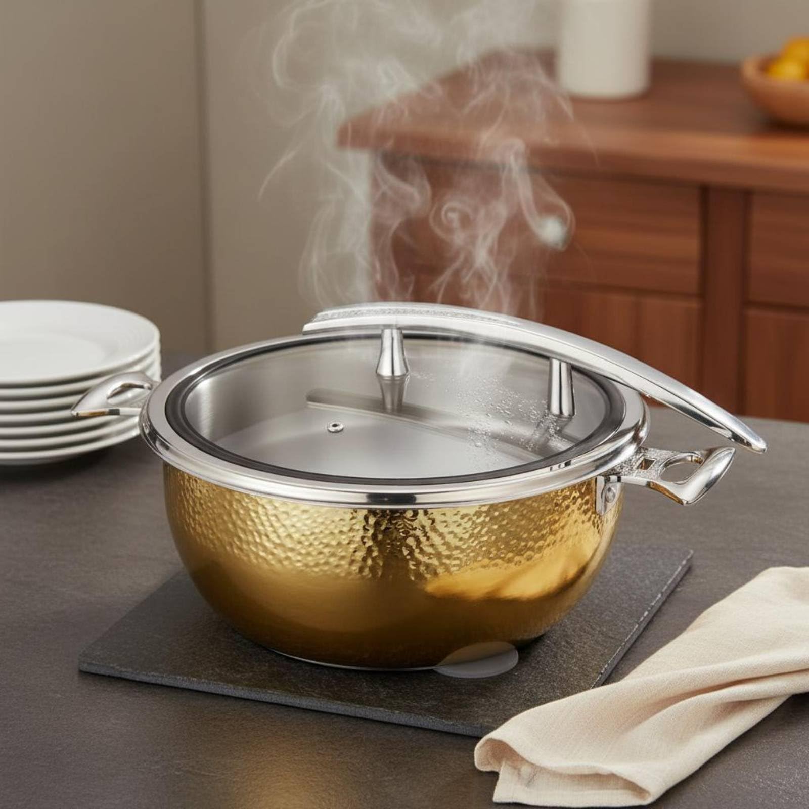 Gralara Calentador de Acero Inoxidable Bandeja de Buffet Chafing Dish Eléctrico Horno Calentador con Acero 304 y Vidrio Transparente Cierre Silencioso, Inserto Tapa Roja