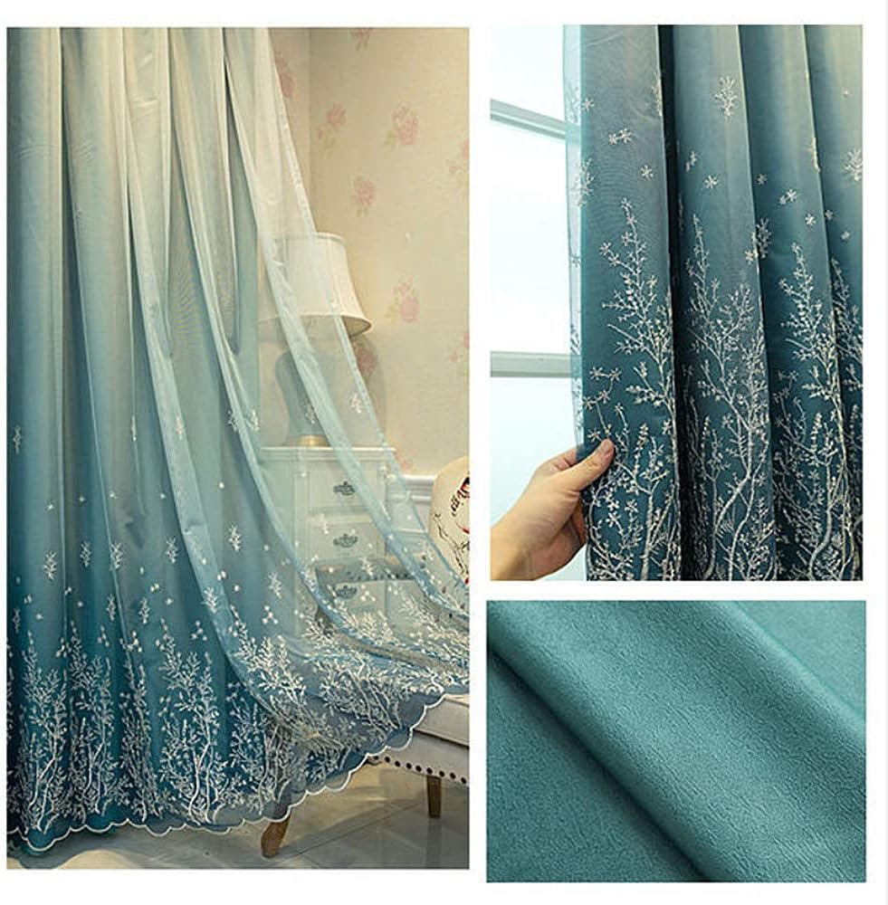 Amidoudou 1 Pair Double Layer Curtains for Living Room Pastoral Gradient Branch Pattern Embroidered Curtains for Bedroom (Blue Green,54x84 Inch)