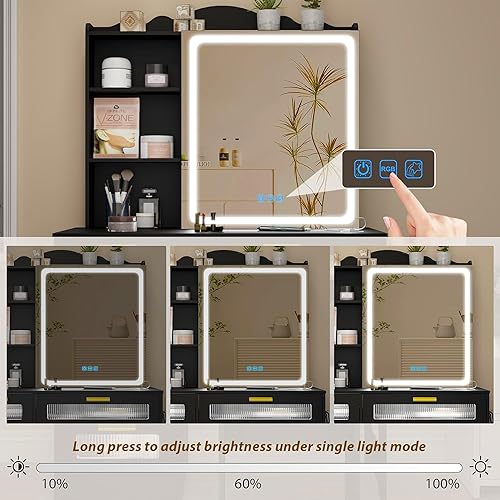 Miniatura 7 de Vanity Desk with Mirror and Lights, RGB LED Makeup Vanity Desk with Charging Station, Vanity Table with Stools＆Sliding Mirror, Women's Vanity Set