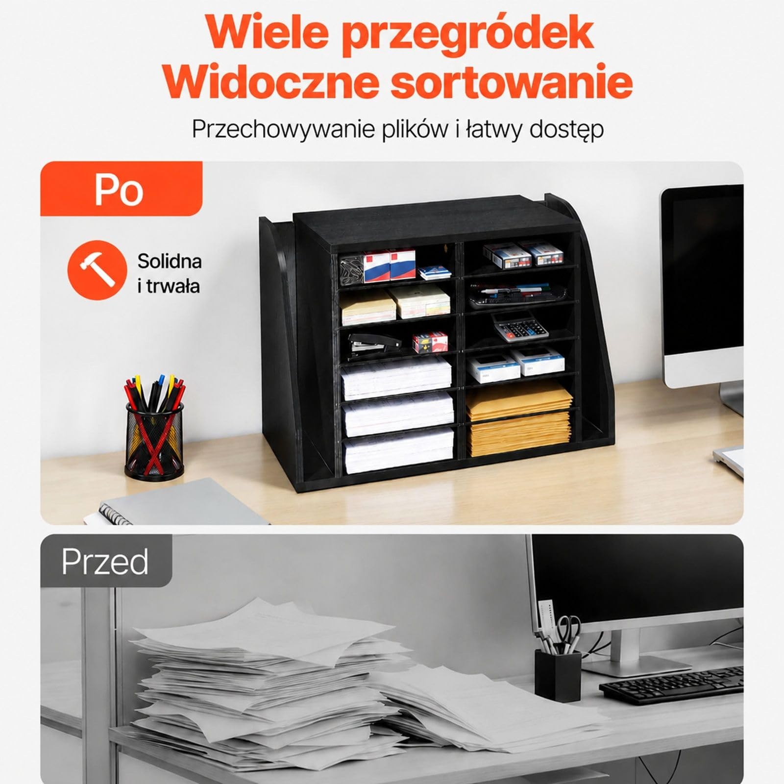 Czarny organizer z płyty wiórowej na dokumenty, 12 przegródek i pionowa sekcja na teczki, do biura, klasy, akt, książek oraz papieru