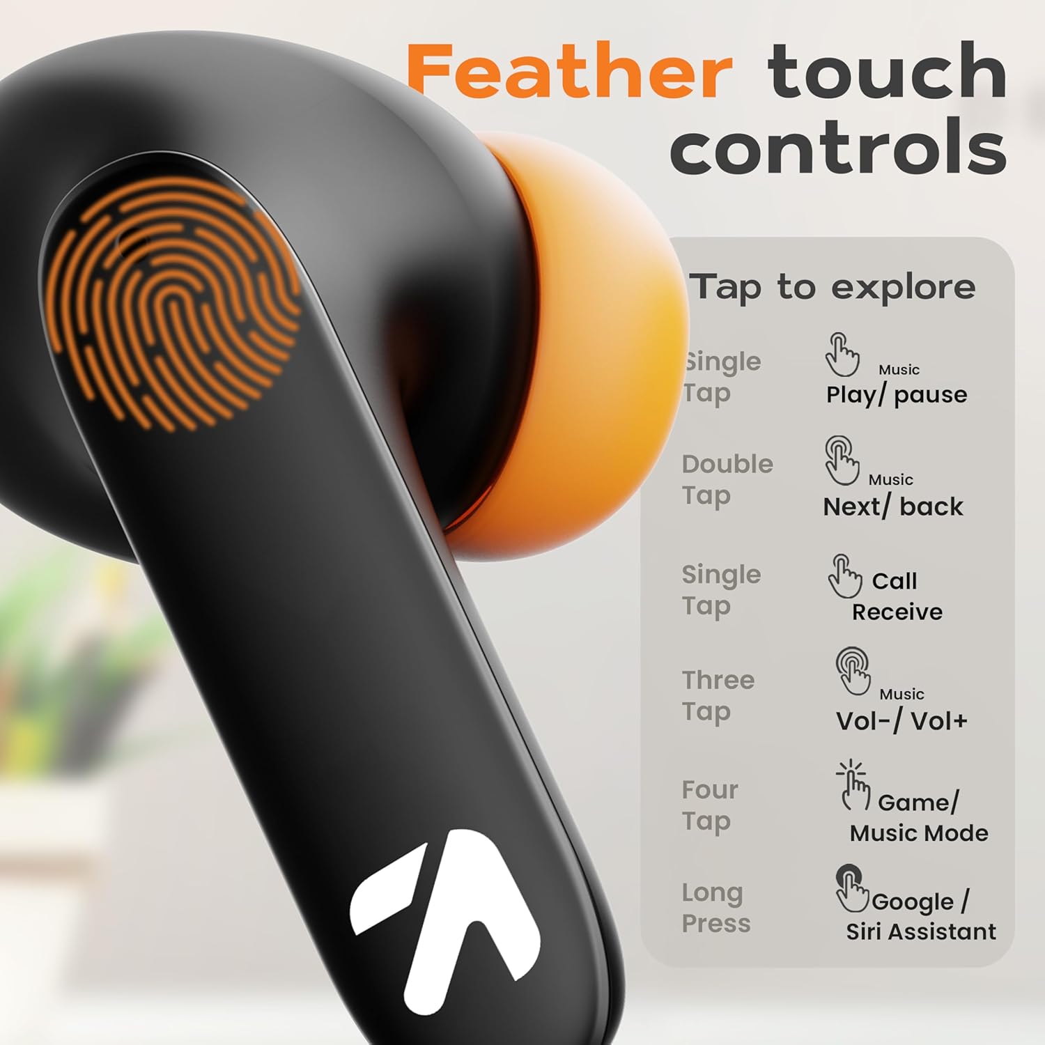 Detailed diagram of feather touch controls on GOBOULT Z40 Pro earbuds.