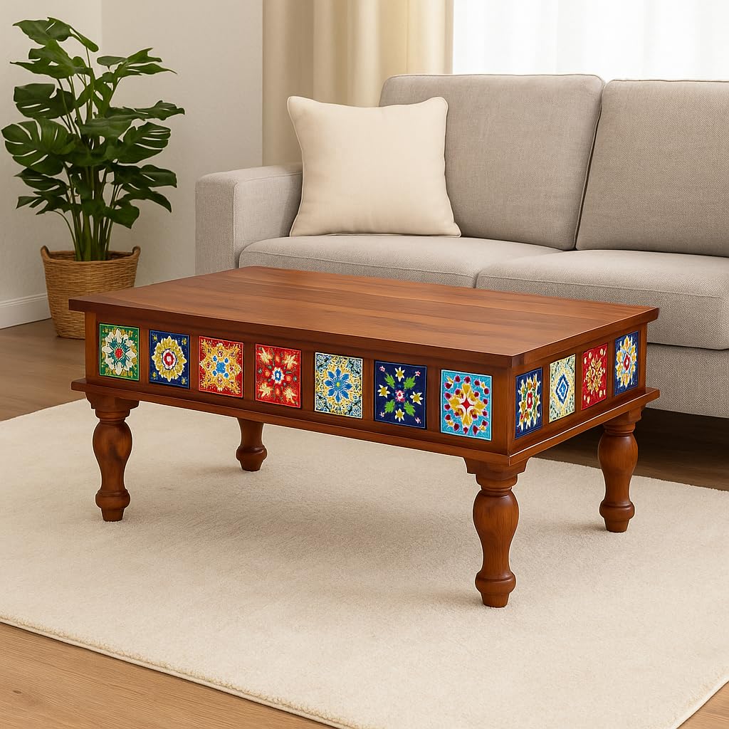 Sheesham Wood Rectangle Center Coffee Table for Living Room | Centre Table for Drawing Room, Office & Home | Multicolor Tiles Design| Honey Finish