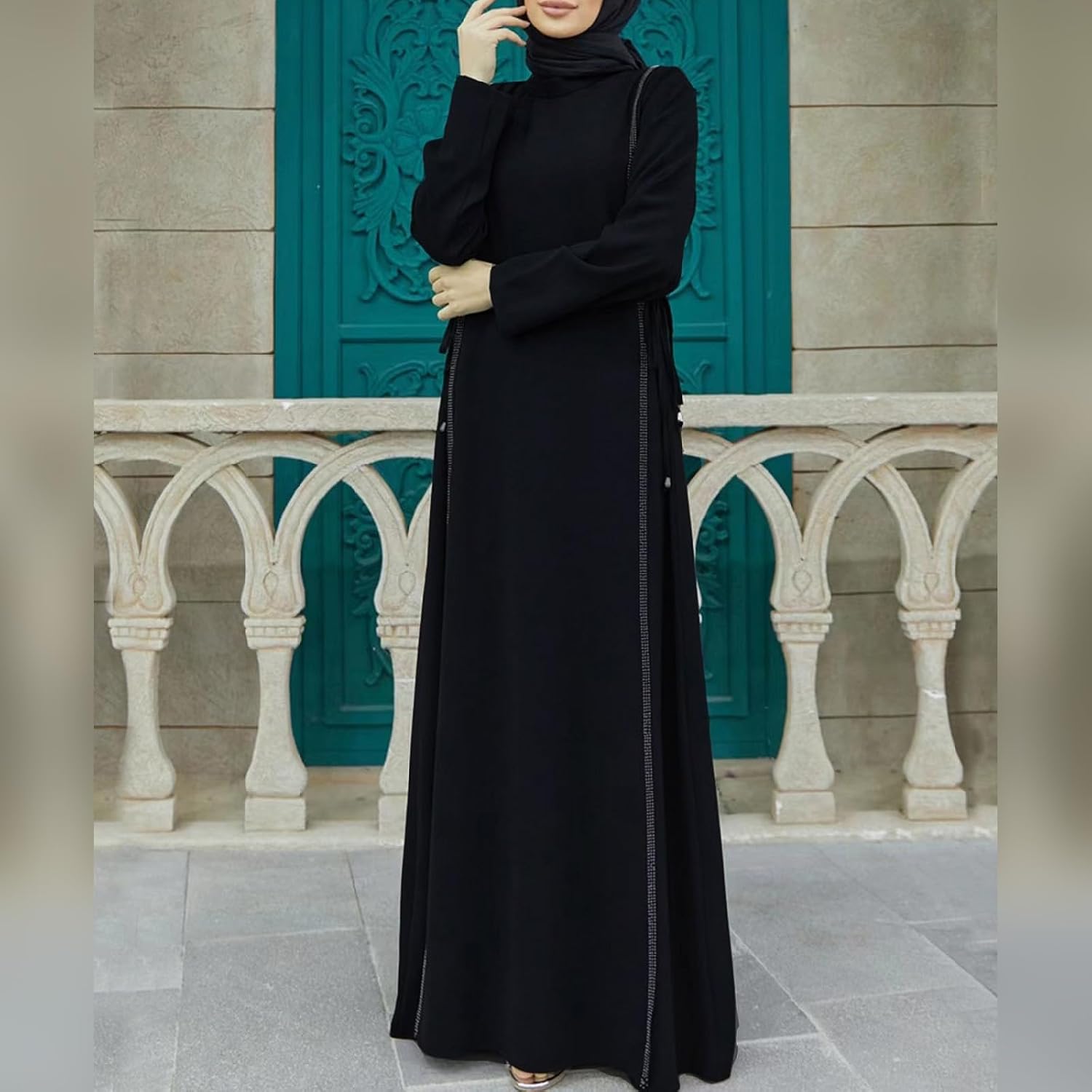 Women's Ramadan Abaya Muslim Long Sleeve Round Neck Lace Prayer Dress Kaftan Dubai Islamic Dress