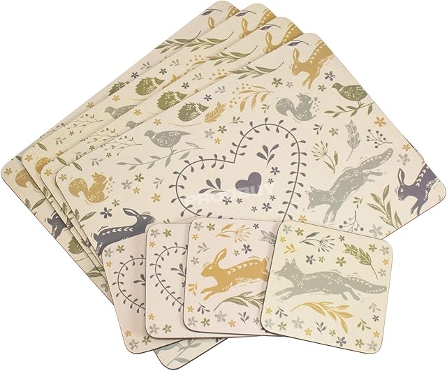 Prodbuy Set of 4 Placemats and Coasters - Country Woodland Animals Heart design
