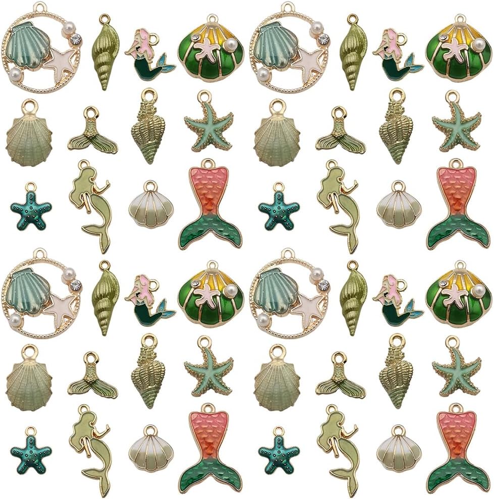 Sailanzi 48pcs Alloy enamel green ocean series Pendant Jewelry Making DIY Keychain Earrings Pendant Various Design Charms for Jewelry Making Bracelets Necklace (SN616)