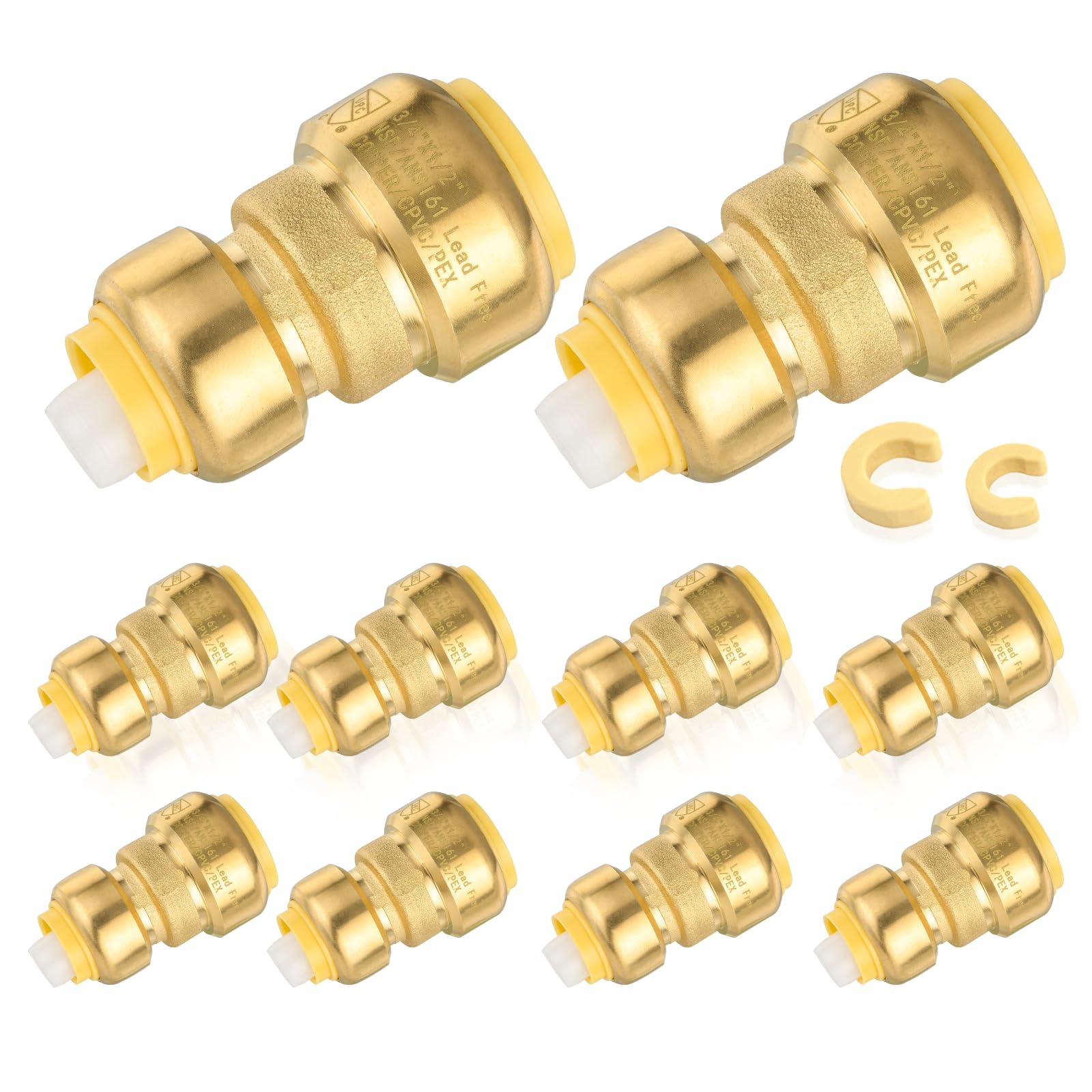 10-Pack HeSun Pushfit Coupling, 3/4"x1/2" Push to Connect Plumbing Fittings with Disconnect Clip, Brass Push-fit Fittings for PEX, Copper, CPVC, PE-RT